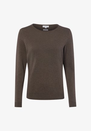 Pull marron en tricot à manches longues avec col rond et poignets et ourlet côtelés, présenté sur fond blanc.