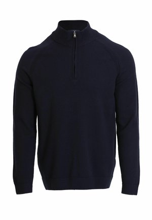 Dunkelblauer Pullover mit hohem Kragen, Viertel-Reißverschluss und gerippten Bündchen. Hergestellt aus weichem, strukturiertem Strickmaterial.