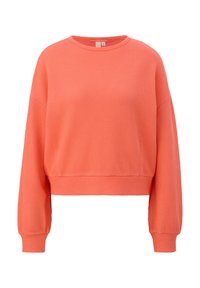 Sweatshirt coupé en corail vibrant, tissu texturé, col rond, épaules tombantes avec des bords-côtes aux poignets et à l'ourlet.
