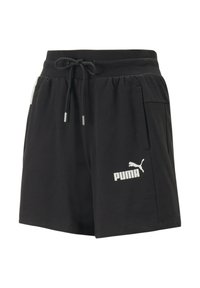 Shorts de sport noirs en tissu doux, dotés d'une taille élastique avec cordon de serrage, de poches latérales et d'un logo Puma blanc sur le devant.