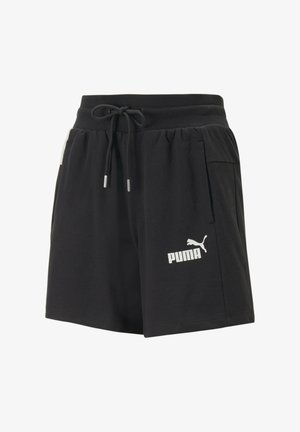 Sorte atletikshorts lavet af blødt stof med elastisk taljebånd og snøre, sidelommer og en hvid Puma-logo foran.