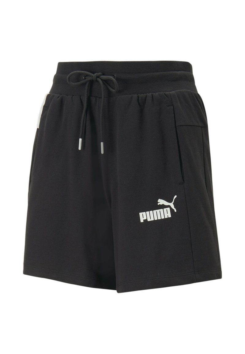 Shorts de sport noirs en tissu doux, dotés d'une taille élastique avec cordon de serrage, de poches latérales et d'un logo Puma blanc sur le devant.