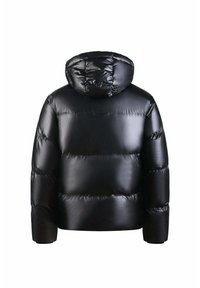 Doudoune noire au fini brillant et lisse, dotée d'une capuche et de sections matelassées. Réalisée en matériau léger et rembourré.