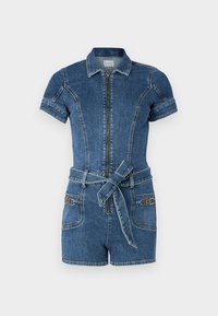 Jeansoverall med kort ärm, dragkedja framtill, bälte i midjan och detaljer i guld. Mörkblå med kontrastsömmer.