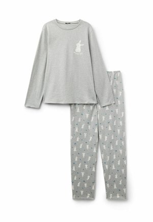 Hellgraues Pyjama-Set mit langem Arm, bestehend aus einem Oberteil mit kleinem Kaninchen und dem Schriftzug "Dream Big" sowie einer Hose mit Muster aus weißen Kaninchen und kleinen Blättern.