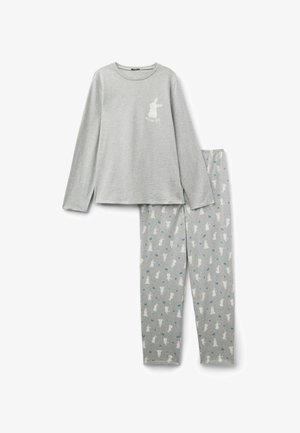 Ensemble de pyjama gris clair à manches longues avec un petit lapin et le texte "rêve en grand" sur le haut, pantalon à motifs de petits lapins blancs et de petites feuilles.