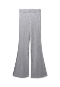 Pantaloni grigi a coste con un design a gamba svasata, dotati di una larga cintura elastica e bordi grezzi all'orlo. Tessuto morbido e testurizzato.