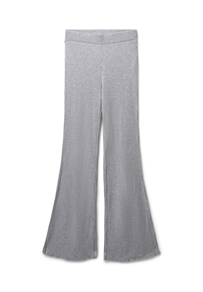Pantaloni grigi a coste con un design a gamba svasata, dotati di una larga cintura elastica e bordi grezzi all'orlo. Tessuto morbido e testurizzato.