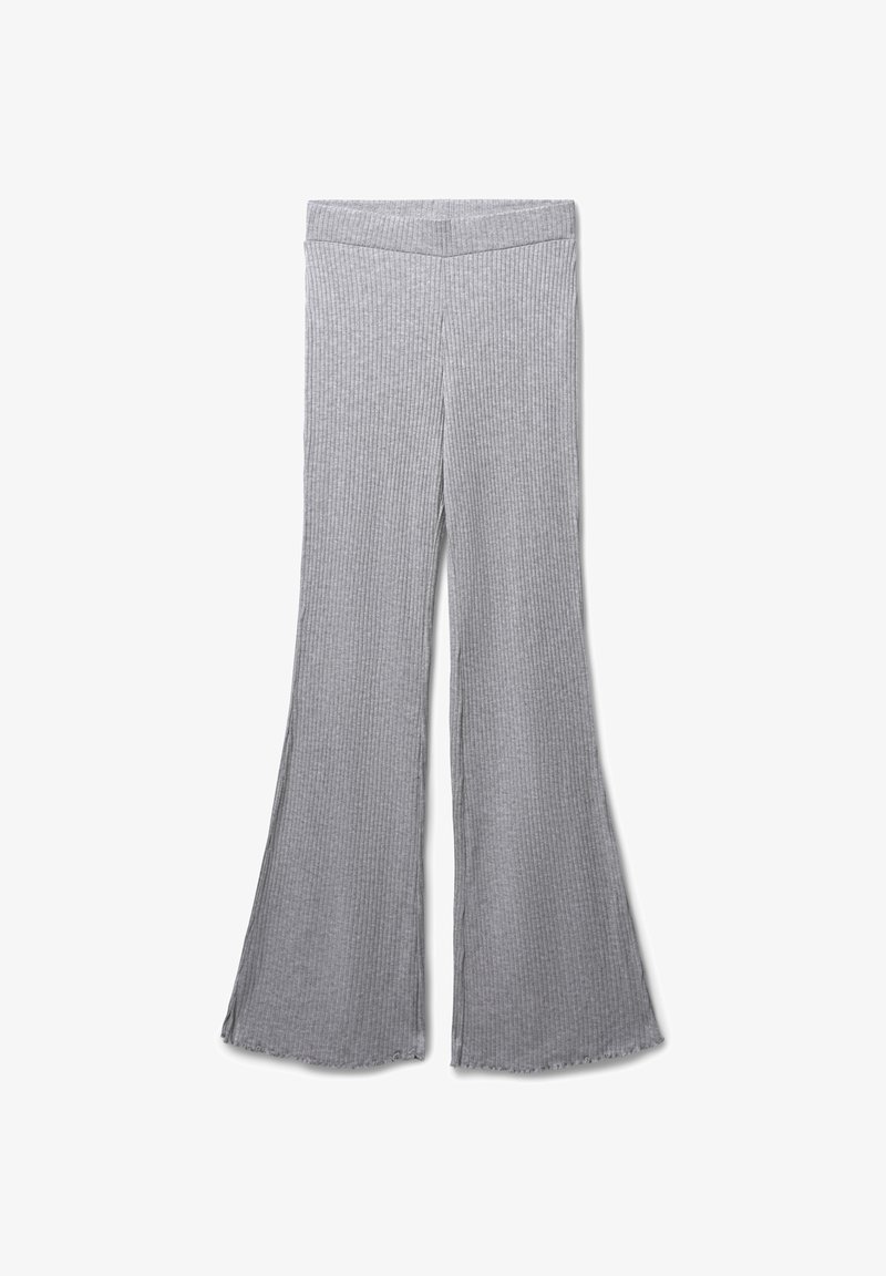 Pantaloni grigi a coste con un design a gamba svasata, dotati di una larga cintura elastica e bordi grezzi all'orlo. Tessuto morbido e testurizzato.