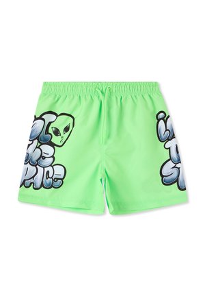 Pantaloni da bagno verde neon con vita elasticizzata. Presentano grafiche di alieni stampate e testo giocoso in blu e nero su entrambi i lati.