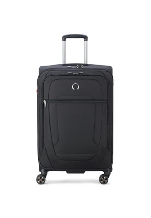 Black wheeled suitcase with a textured finish, featuring a lock, zipped front pocket, and retractable handle, mounted on spinner wheels.