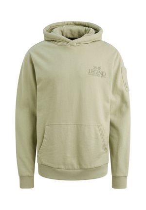 Olive green hoodie made of cotton blend, featuring a kangaroo pocket, ribbed cuffs, and embroidered logo on the chest.