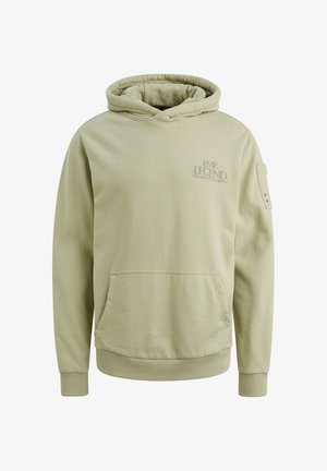 Hoodie vert olive en mélange de coton, avec une poche kangourou, des poignets côtelés et un logo brodé sur la poitrine.