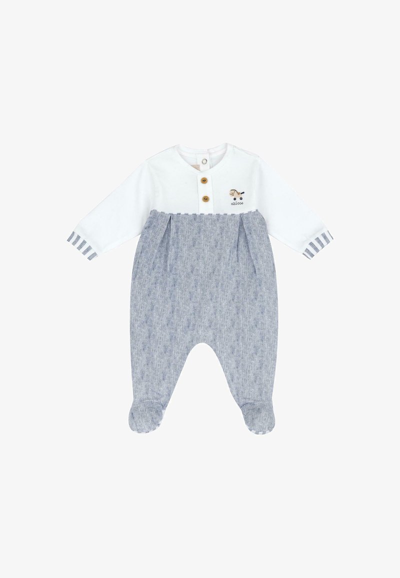 Combinaison pour bébé blanche et bleue avec un col boutonné, des manches longues, des poignets rayés et des jambes de pantalon à texture douce avec un motif bleu clair.