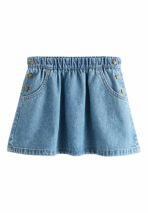 Svetlomodrá denimová sukňa s elastickým pásom, dvoma prednými vreckami a malými gombíkmi v tvare srdca pozdĺž okrajov vreciek.