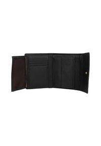 Portefeuille noir en cuir texturé, comportant plusieurs emplacements pour cartes, un porte-monnaie et une doublure intérieure lisse. Conception ouverte pour un accès facile.