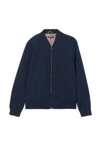 Chaqueta bomber azul marino hecha de material ligero, con cierre de cremallera en la parte delantera, puños acanalados y bolsillos laterales. Textura suave con un interior forrado.