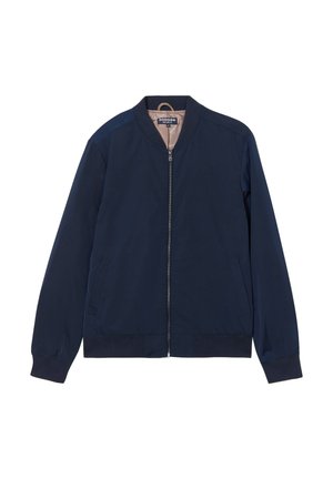Veste bomber bleu marine en matériau léger, avec une fermeture éclair à l'avant, des poignets côtelés et des poches latérales. Texture lisse avec un intérieur doublé.