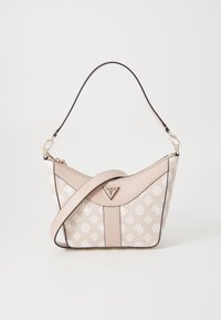 Sac à épaule rose clair avec un design géométrique et un logo. Dispose d'une texture lisse, d'une bandoulière réglable et d'accents en métal doré.