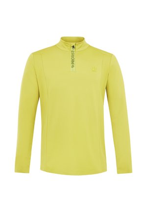 Langharig sweatshirt in felgeel, met een hoge kraag, ritssluiting en logo-accenten op de borst en ritssluiting. Gladde, lichte stof.