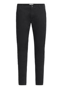 Czarne bawełniane chinosy o dopasowanym kroju. Posiadają zamek błyskawiczny, zapięcie na guzik, boczne kieszenie oraz tylną kieszeń. Gładka faktura, minimalna ilość detali.