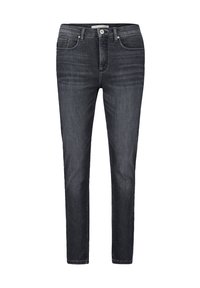 Jeans noirs slim fit en denim, dotés d'un design à cinq poches, de passants de ceinture et d'une fermeture à bouton à l'avant. Détail de décoloration subtile sur le tissu.