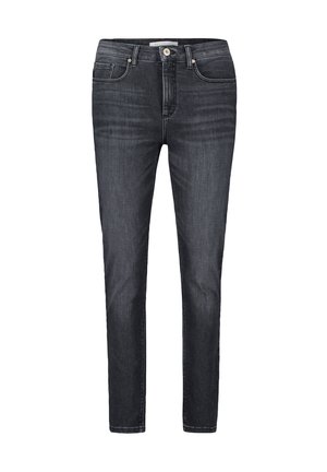 Czarne jeansy o dopasowanym kroju, wykonane z denimu, z pięcioma kieszeniami, szlufkami na pasek i zapięciem na guzik z przodu. Delikatne przetarcia na tkaninie.