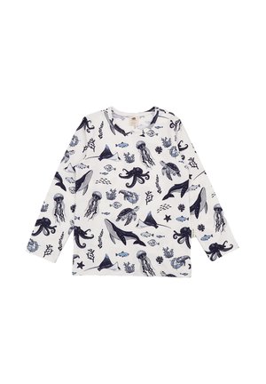 Long-sleeve white shirt with navy blue marine life illustrations including whales, octopuses, jellyfish, turtles, and various fish.