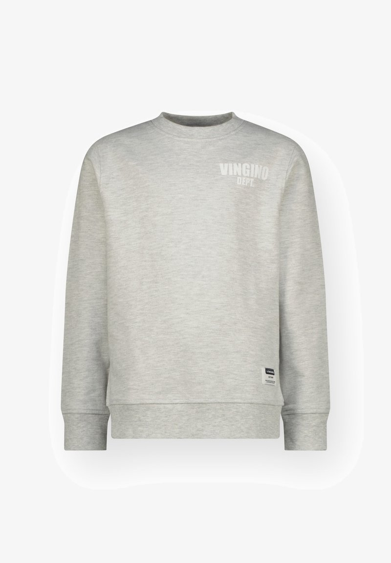 Sweat-shirt gris clair en tissu doux. Il comporte un col rond, des manches longues, et un petit logo "Vingino Dept." sur la poitrine.