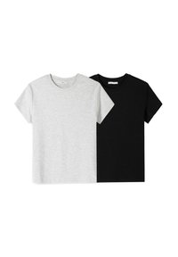 Two short-sleeve t-shirts: one light gray, one black. Both feature a crew neck, a smooth texture, and a classic straight-cut design.