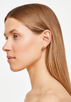 Goldfarbene, kreisförmige Steckerohrringe am Ohr eines Models, mit einer glatten Oberfläche und einem doppelten Ringdesign. Das Haar ist glatt und hellbraun.