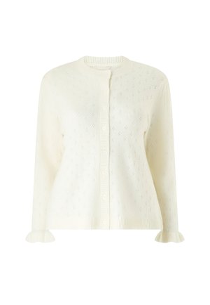 Gebreid vest in crèmekleur met een klein oogjespatroon, ronde hals, knoopsluiting aan de voorkant en ruches aan de manchetten van de lange mouwen.