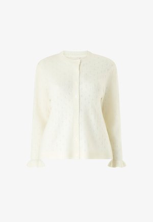 Strikcardigan i cremefarve med lille hulmønster, rund halsudskæring, knaplukning foran og flæsekant på lange ærmer.