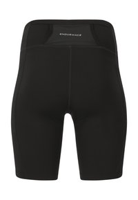 Shorts de sport noirs taille haute avec une zone de siège rembourrée et "ENDURANCE" imprimé sur la ceinture arrière.
