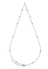 Collana a catena in argento con perline metalliche distribuite uniformemente, chiusura a moschettone e lunghezza regolabile con un estensore.