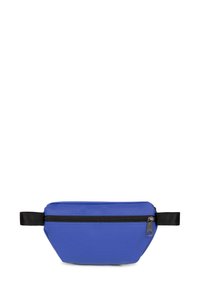 Marsupio in nylon blu con forma rettangolare, dotato di una cerniera nera e una tracolla nera regolabile, texture liscia e senza motivi visibili.