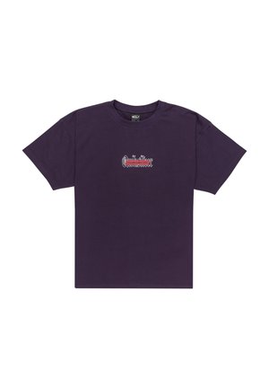 Purple cotton t-shirt featuring a small multicolored graphic print in the center. Classic crew neck design with short sleeves.