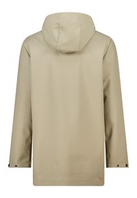 Light beige waterproof raincoat with a hood, long sleeves, and snap closures at the cuffs. Smooth, durable texture, minimal design.