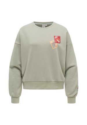 Lichtgroene sweatshirt met twee kleine stempelontwerpen bij de linkerbuste, met een rode schelp en een beige bloemmotief.