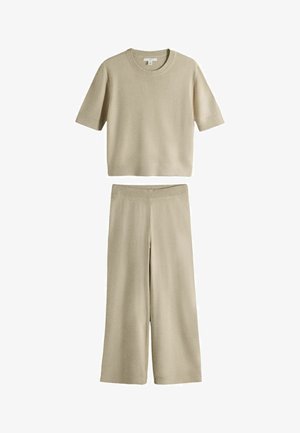 THE SET, REGULAR FIT - SOFT KNIT T-SHIRT AND TROUSER CO-ORD SET - Püksid - oatmeal brown