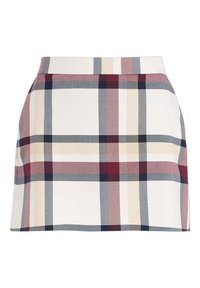 Jupe en tartan avec une base blanche et des lignes rouges, bleu marine et beige formant un motif à carreaux. Le tissu semble lisse avec une coupe structurée.