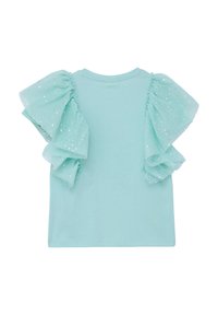 Turquoise T-shirt met korte, gerimpelde sheer mouwen met zilveren pailletten. Ronde halslijn en standaard pasvorm. Zacht katoenmateriaal.
