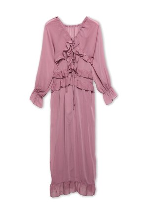 Robe longue rose pâle avec des volants en tiers, un col en V et de longues manches froncées. Elle présente un lien à la taille et un ourlet volé. Texture lisse.