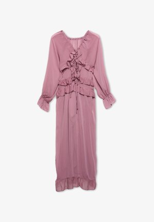 Lungo vestito rosa chiaro con strati a volant, scollatura a V e maniche lunghe arricciate. Presenta un nastro in vita e un orlo a volant. Tessuto morbido.