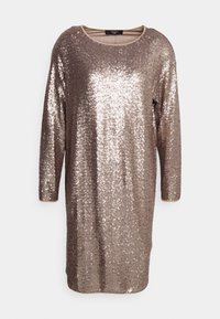 Robe à manches longues en sequins de couleur bronze métallique, avec un décolleté rond et une coupe ample pour une silhouette décontractée.