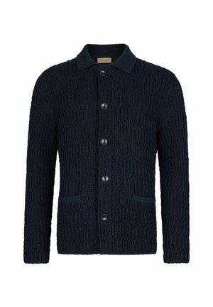 Dunkel marineblauer, grob gestrickter Cardigan mit langen Ärmeln, Knöpfen vorne, zwei aufgesetzten Taschen vorne und einem kleinen Kragen.