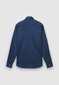 Marineblaues langärmeliges Hemd mit spitzem Kragen, glattem Stoff, Knopfmanschetten und abgerundetem Saum. Keine sichtbaren Muster oder Logos.