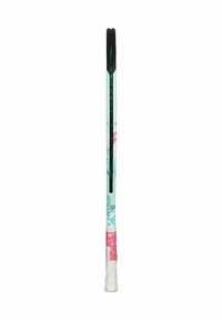 Mint green racquet with colorful floral patterns, black accents, and a textured grip. Slim, elongated shape for optimal performance.