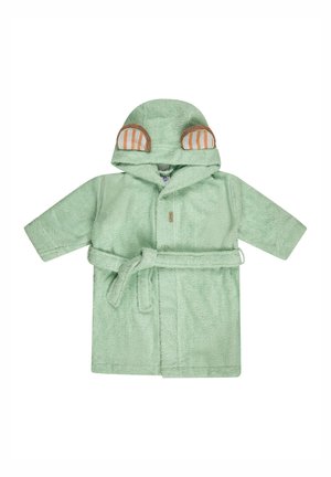 Light green toddler bathrobe with hood featuring striped bear ears, long sleeves, and a waist tie belt, laid flat on white background.