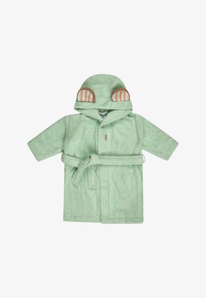 Light green toddler bathrobe with hood featuring striped bear ears, long sleeves, and a waist tie belt, laid flat on white background.